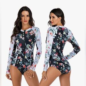 Women’s Floral Long-Sleeve Rash Guard Swimsuit - Black & White